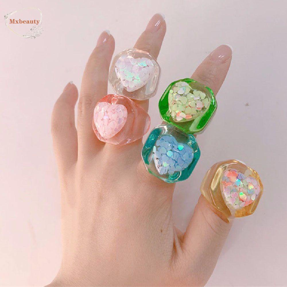 Mxbeauty Cincin Wanita Gadis Korea Cinta Hati Transparan Resin Akrilik Chunky Fashion Perhiasan