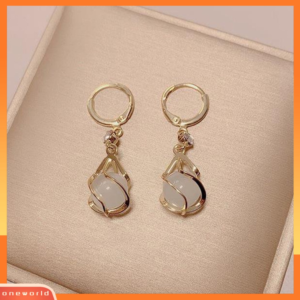 [EONE] 1pasang Drop Earrings Berongga Keluar Panjang Rumbai Shiny Berlian Imitasi Hias Berkilau Hadiah Wanita Bulat Faux Opal Pendant Hoop Earrings Fashion Perhiasan