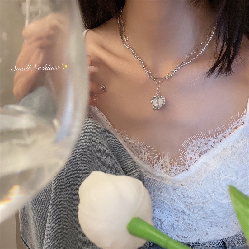 Roselife Keren Manis Glossy Moonstone Belah Kiri Kanan Cinta Hati Liontin Kalung Untuk Wanita Gadis Chic Zirkon Manik-Manik Tulang Selangka Rantai Kalung Perhiasan Hadiah