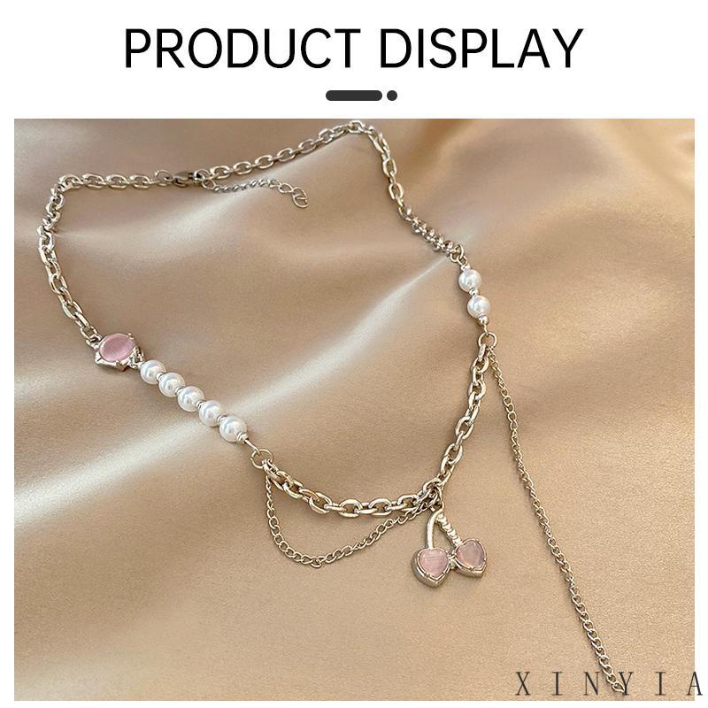 【Bayar di tempat】Kalung Mutiara Bentuk Hati Cherry Warna Pink Tulang Selangka Logam Musim Panas Manis Gaya Keren Ringan Mewah