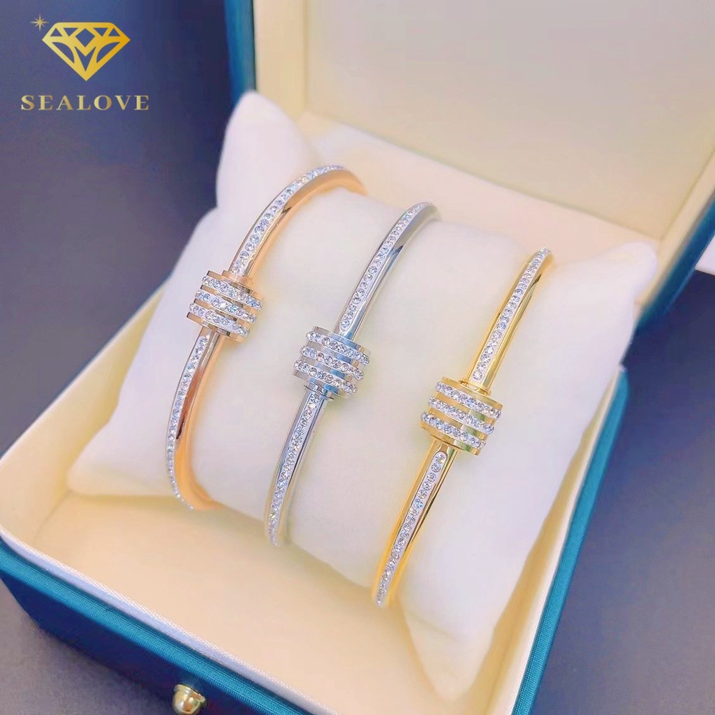 Gelang Titanium Wanita Permata Berlian Mewah Elegan Anti Karat Emas 18K Liontin Fashion Korea COD