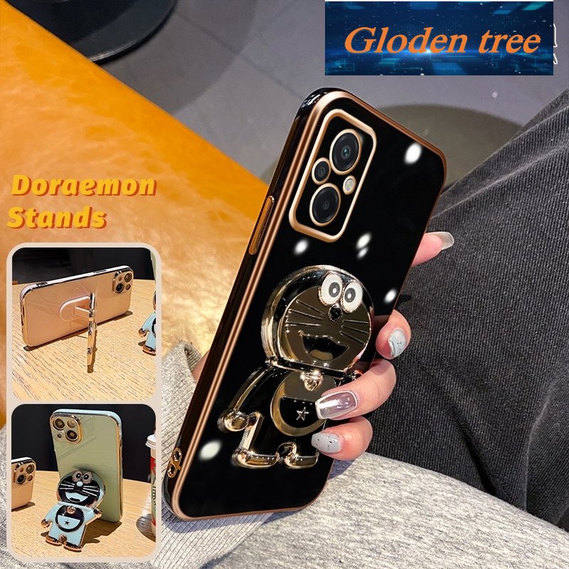 Gloden tree Casing Untuk Xiaomi Poco M4 5G Redmi Note 11R Case Fashion Kartun Doraemon Lipat Stand Phone Case Electroplating Shockproof Phone Holder Case