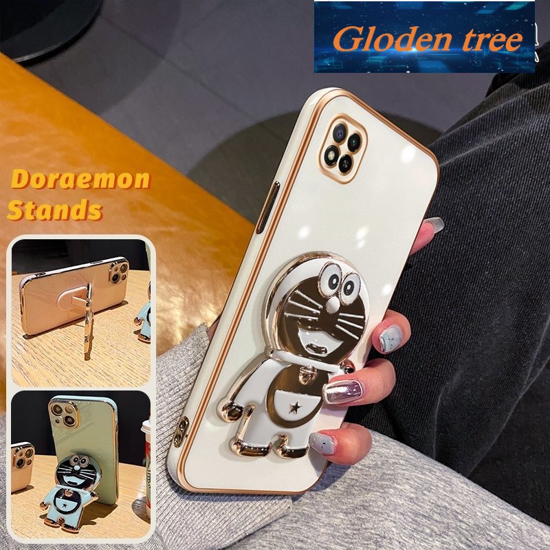 Gloden tree Casing Untuk Xiaomi MI Redmi 9c Nfc Poco C31 Redmi 10A Case Fashion Kartun Doraemon Lipat Stand Phone Case Electroplating Shockproof Phone Holder Case