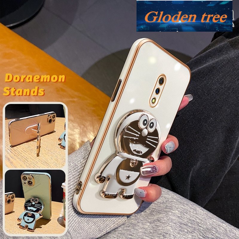 Gloden tree Casing Untuk Realme X Case Fashion Kartun Doraemon Lipat Stand Phone Case Electroplating Shockproof Phone Holder Case