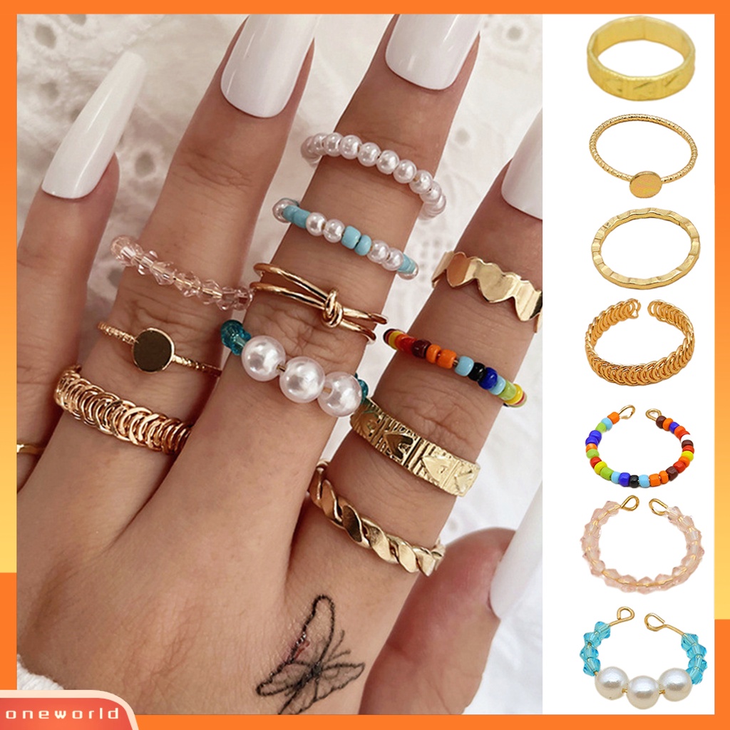 [EONE] 12pcs/set Mutiara Imitasi Multicolor Beads Knuckle Rings Bukaan Hati Simpul Wanita Knuckle Rings Perhiasan Aksesoris