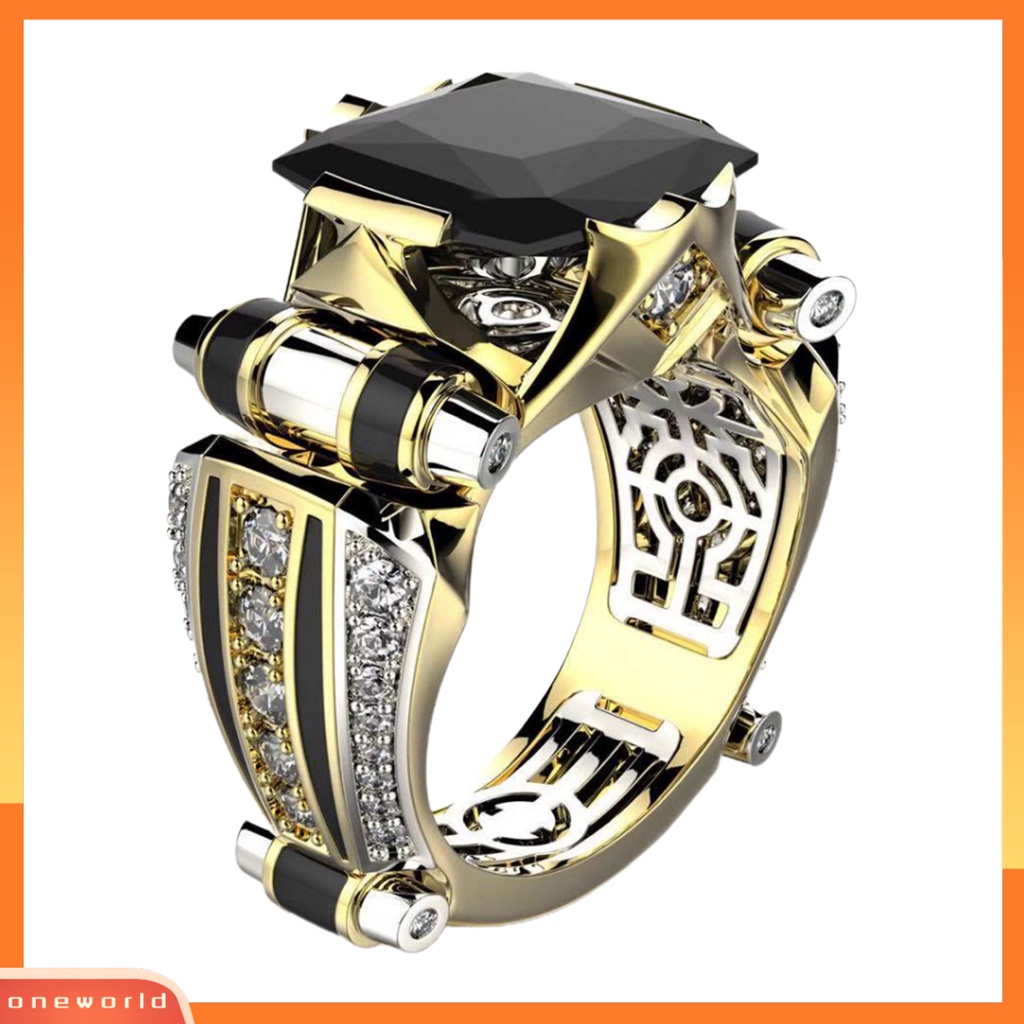 [EONE] Wanita Cincin Faux Square Crystal Two-tone Vintage Keren Punk Hadiah Berongga Bling Cubic Zirconia Ladies Finger Ring Untuk Pesta