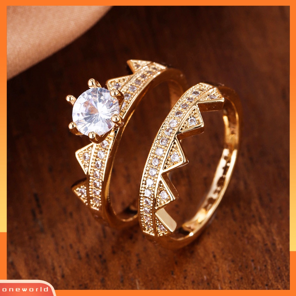 [EONE] 2pcs/set Wanita Cincin 2in1 Dilepas Mungil Hadiah Berlian Imitasi Bertatahkan Mahkota Pria Jari Cincin Perhiasan Fashion