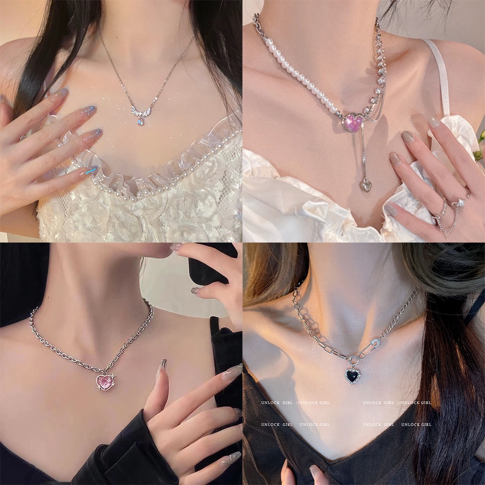 Fashion Mutiara Merah Muda Batu Permata Hati Kalung Untuk Wanita Zirkon Elegan Kupu-Kupu Bunga Planet Kalung Perhiasan Aksesoris