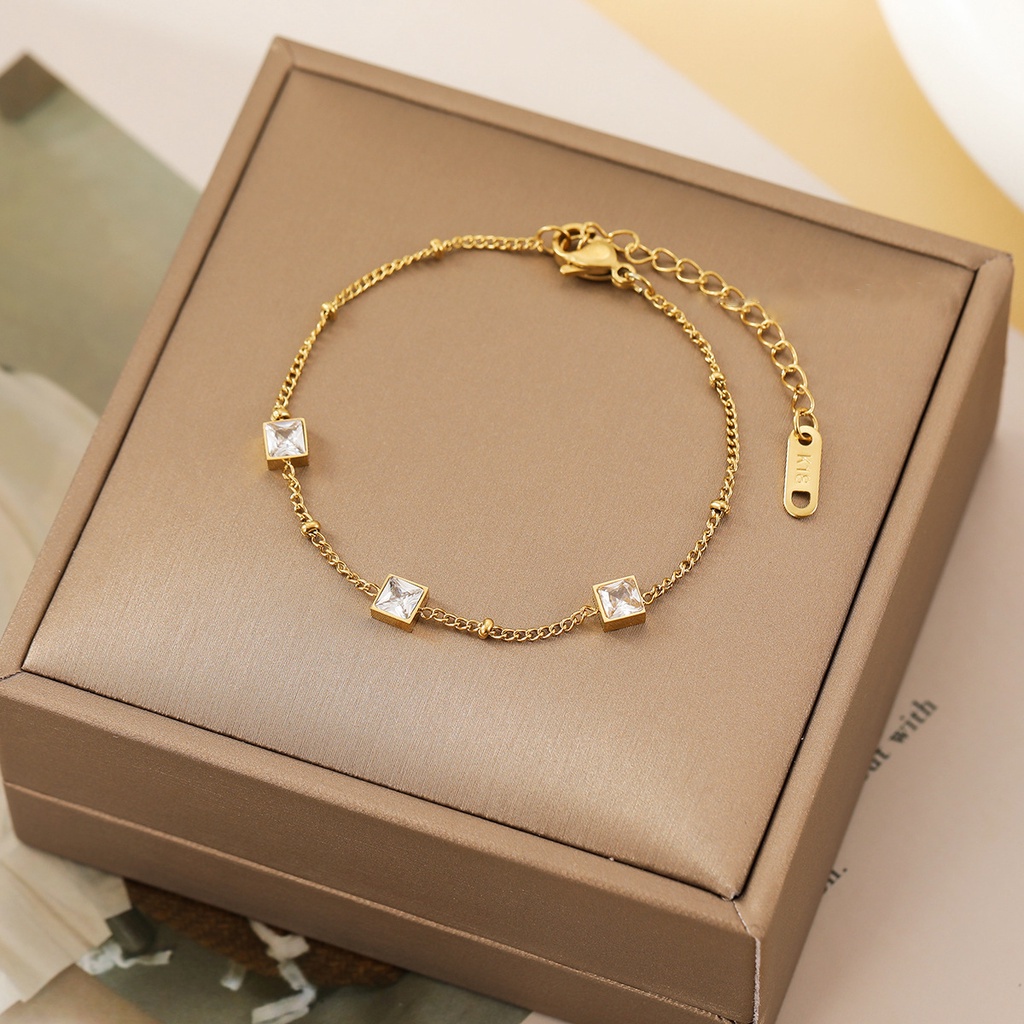 GROSIR Gelang tangan tiga zircon hijau titanium stainless steel 316L import berkualitas anti karat bisa bayar di tempat COD