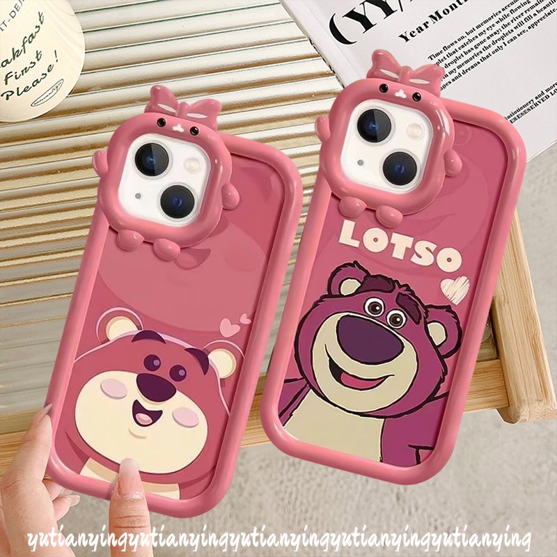 Oppo A17 A77 A17K A54 A95 A76 A57 A55 A77s A96 A15 A16 A5s A12 A3s A31 A52 A16E A74 A7 A5 A9 A16K A53 Reno5 7Z Kartun Cute Manyo Strawberry Bear 3D Bow Little Monster Lens Case