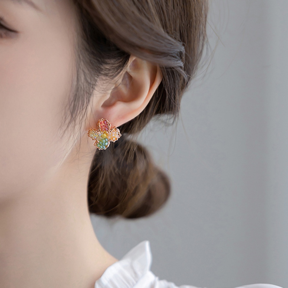 Deartiara Anting Bunga Kristal Imitasi Berwarna Vintage Dengan Desain Kecil, Anting Kelopak Empat Warna Segar Dan Elegan