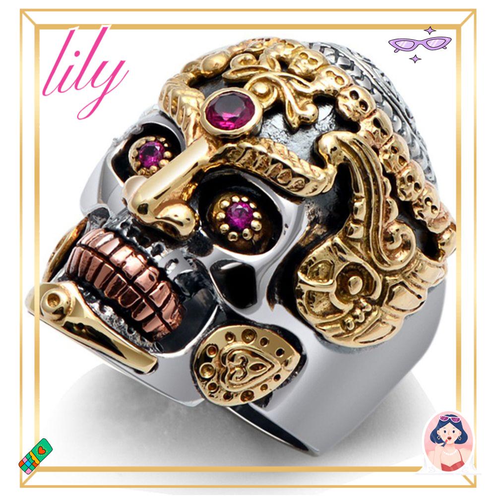 Lily Skull Ring Kristal Biker India Stainless Steel