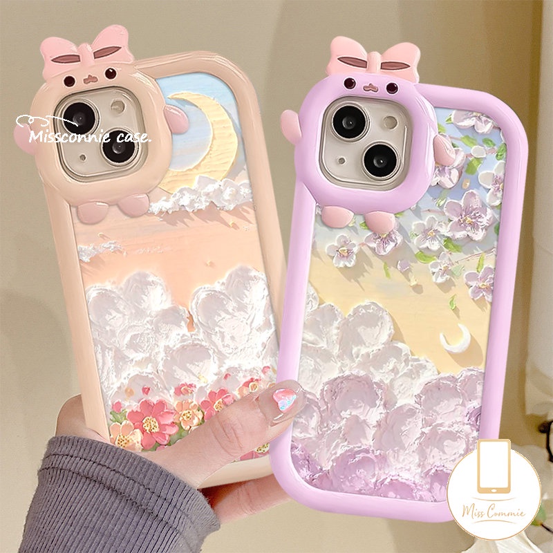 Case Bunga Bulan Lukisan Cat Minyak Untuk Oppo A17 A15 A57 A54 A95 A16 A17K A12 A3s A76 A74 A7 A55 A5s A96 Reno 7Z 5a31 A52 A16E A77s A77 A53 A9 A16K 3D Mangkuk Monster Kecil Penutup Lensa