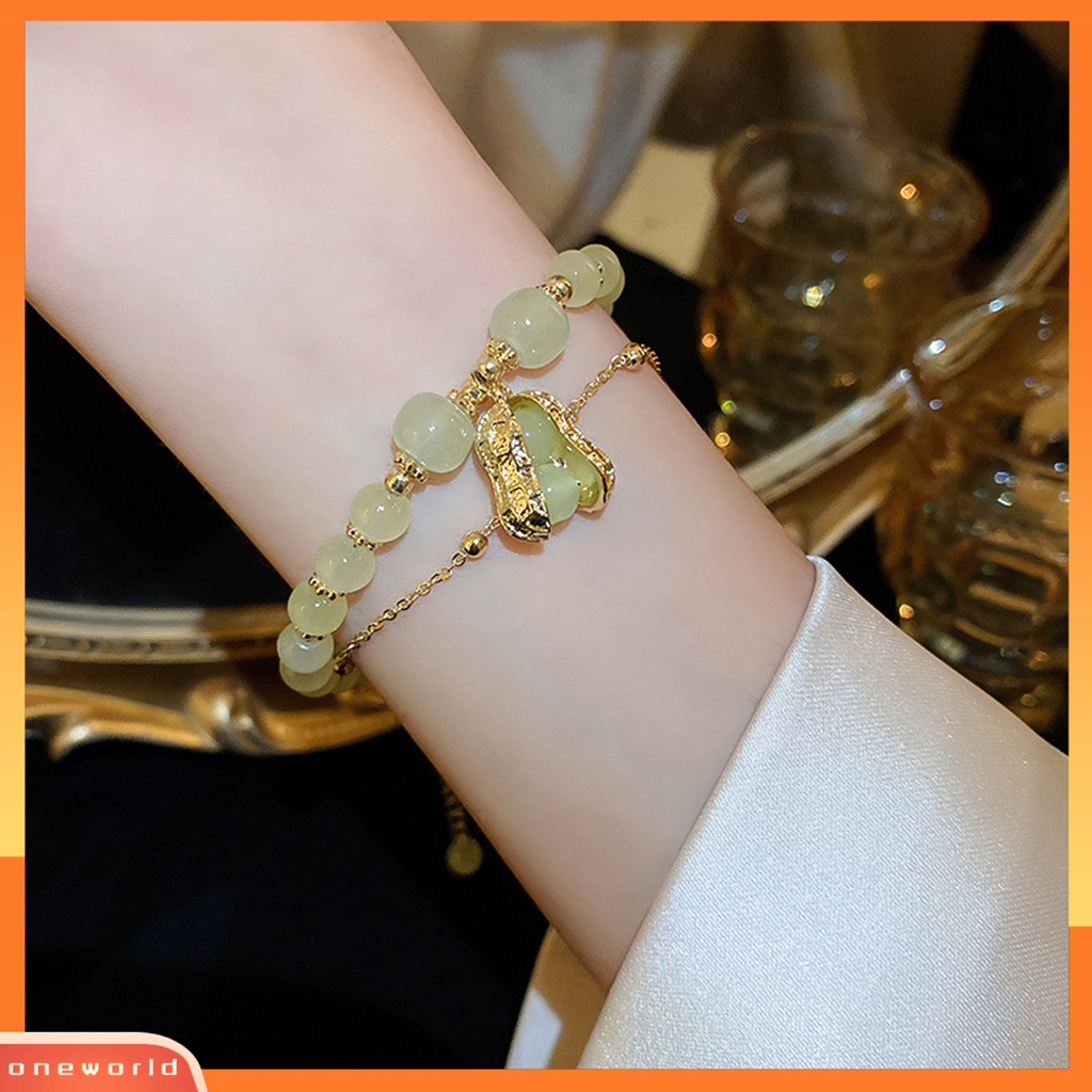 [EONE] Wanita Gelang Dua Lapis Manik-Manik Kristal Imitasi Emas Link Rantai Adjustable Kacang Liontin Wanita Bangle Fashion Perhiasan
