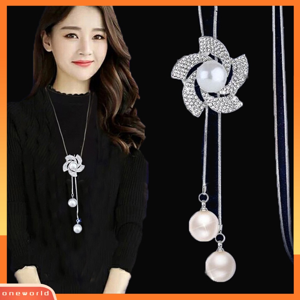 [EONE] Wanita Kalung Berlian Imitasi Bersinar Hias Tulip/Bunga Mawar Angsa/Busur Rumbai Pesona Dress-Up Beberapa Gaya Sweater Panjang Rantai Gaun Pesta Kalung Perhiasan Hadiah