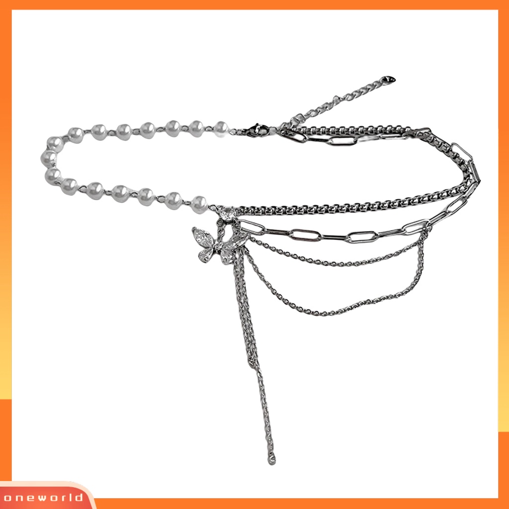 [EONE] Wanita Kalung Multi-Layer Mutiara Imitasi Link Rantai Splicing Berlian Imitasi Kupu-Kupu Jumbai Klavikula Kalung Jari Cincin Perhiasan Fashion