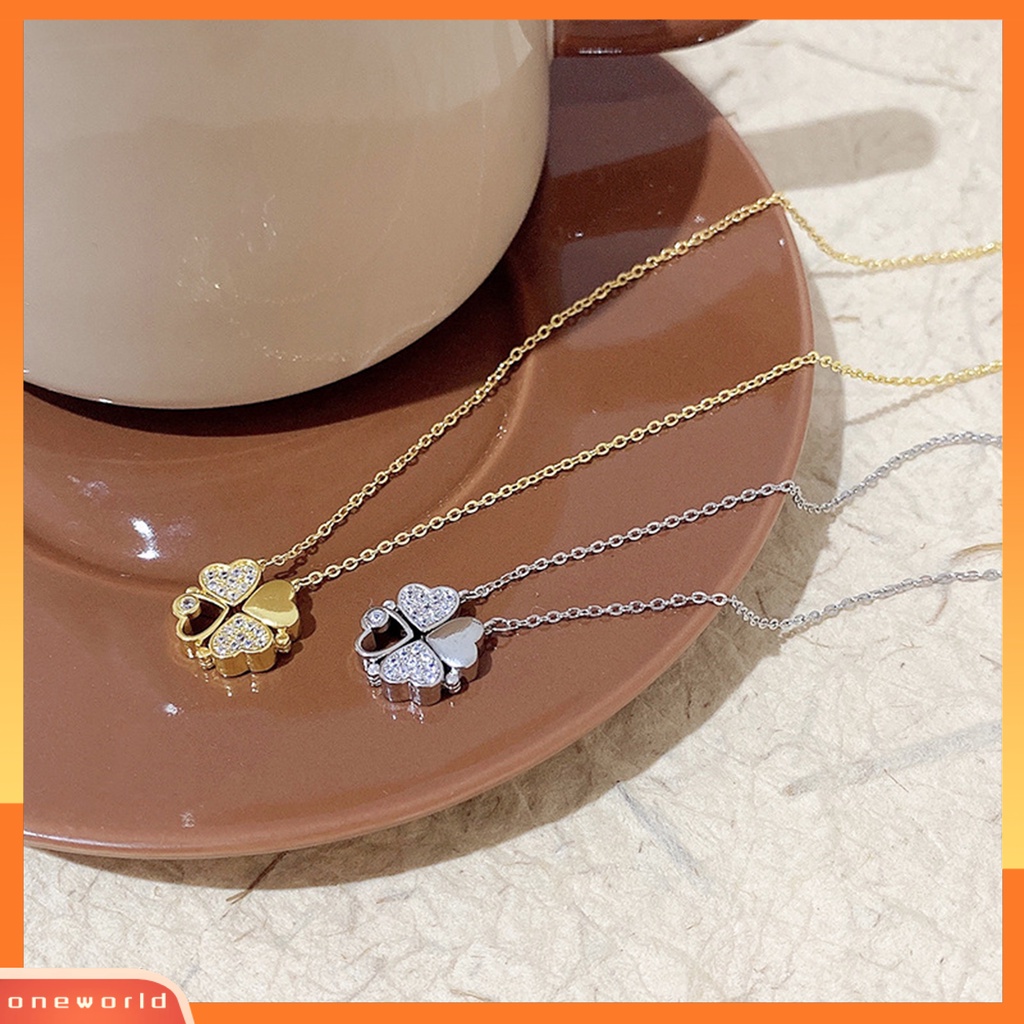 [EONE] Wanita Kalung ic Cinta Hati Mewah Baja Titanium Berlian Imitasi Tertanam Empat Daun Semanggi Liontin Kalung Fashion Perhiasan