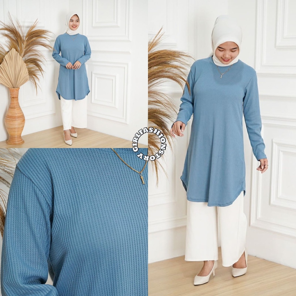 BEFAST - ZFS OOTD WANITA TUNIK ERA / WAFFLE LONG TUNIK / Pakaian Wanita Muslimah / Tunik Polos Formal / Outfit Wanita Hijab Style / Fashion Kekinian Remaja ABG Trendy / Terlaris