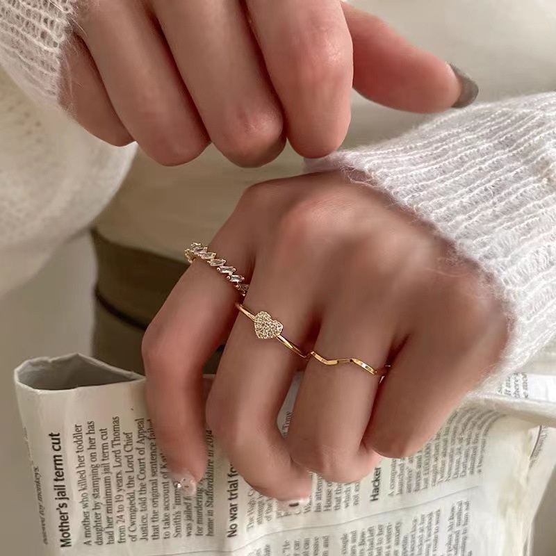 Set Cincin Zirkon Emas Elegan Untuk Wanita Fashion Adjustable Jantung Gelombang Cincin Perhiasan Aksesoris