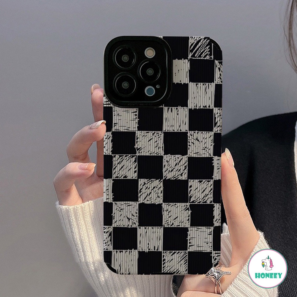 IPHONE Kain Kotak-Kotak Hitam Kain Fashion Phone Case Untuk Iphone14 13 12 11 Pro Max7 8 14 Plus X XR XSMAX Tweed Bingkai Silikon Shockproof Bumper Cover