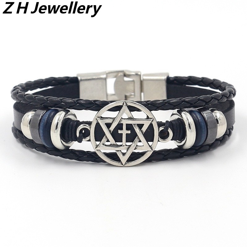 [Z H Perhiasan] Vintage Rock Enam Bintang Kulit Asli Gelang Pria Dan Wanita Fashion Anti Karat Multi Layer Manik-Manik PU Gelang Punk Pesta Perhiasan Aksesoris