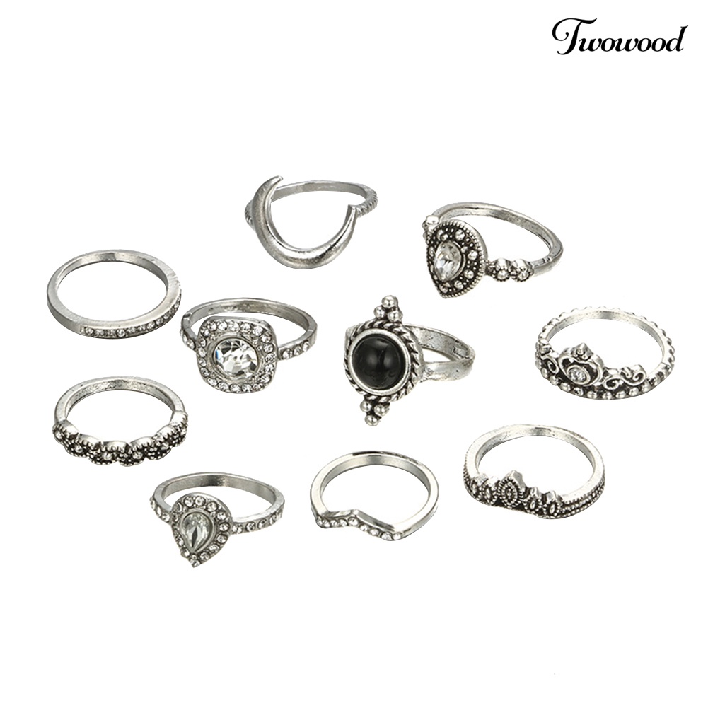 Twowood 10Pcs Vintage Mahkota Pir Berlian Imitasi Wanita Knuckle Midi Jari Susun Rings