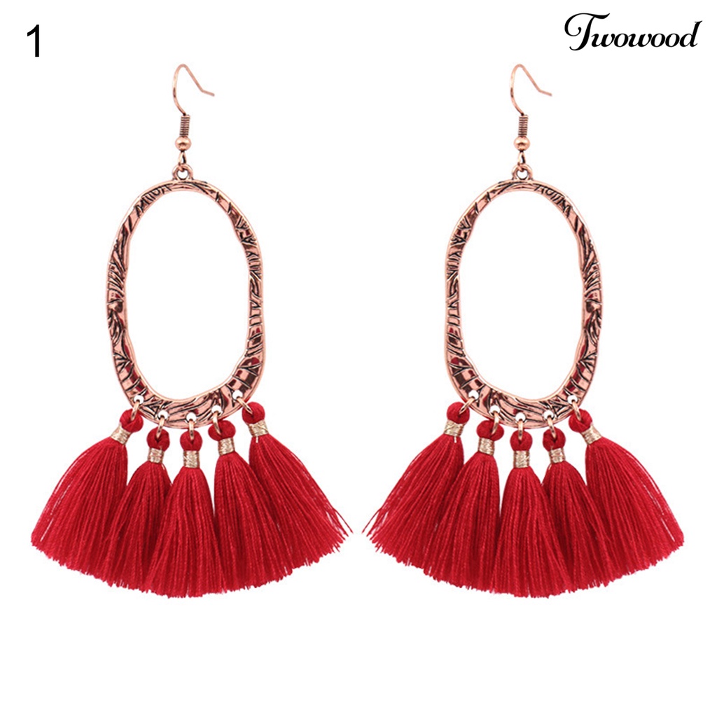 Twowood 1pasang Anting Menjuntai Rumbai Desain Perhiasan Hadiah Merah Wanita Pernikahan Drop Earrings Untuk Festival