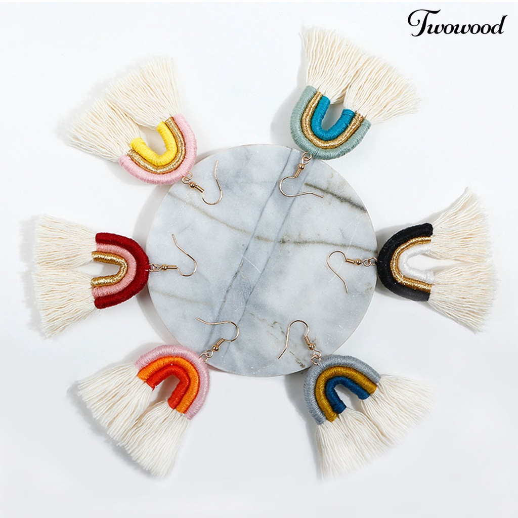 Twowood 1pasang Anting Pelangi Bohemian Menarik Hias Lapis Rumbai Rainbow Hook Menjuntai Earrings Untuk Kehidupan Sehari-Hari