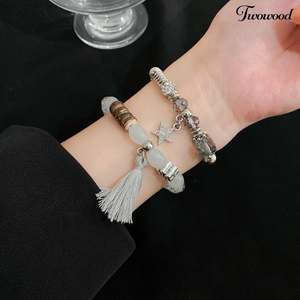 Twowood 2Pcs/Set Couple Gelang Gaya Etnik Manik-Manik Elastis Berlian Imitasi Bintang Liontin Hadiah Elegan Adjustable Kristal Imitasi Jumbai Pria Gelang Fashion Perhiasan