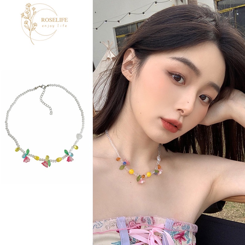 Roselife Korea Musim Panas Trendi Resin Manik-Manik Lily of The Valley Kalung Untuk Wanita Gadis Indah Tahan Air Liburan Liburan Liburan Bunga Kalung Fashion Tulang Selangka Rantai Perhiasan