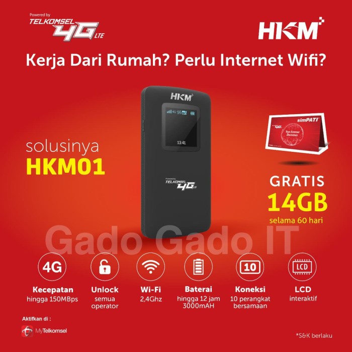 Mifi Router HKM HKM BL3 Speed 4G LTE Bundling TELKOMSEL 14GB (UNLOCK)