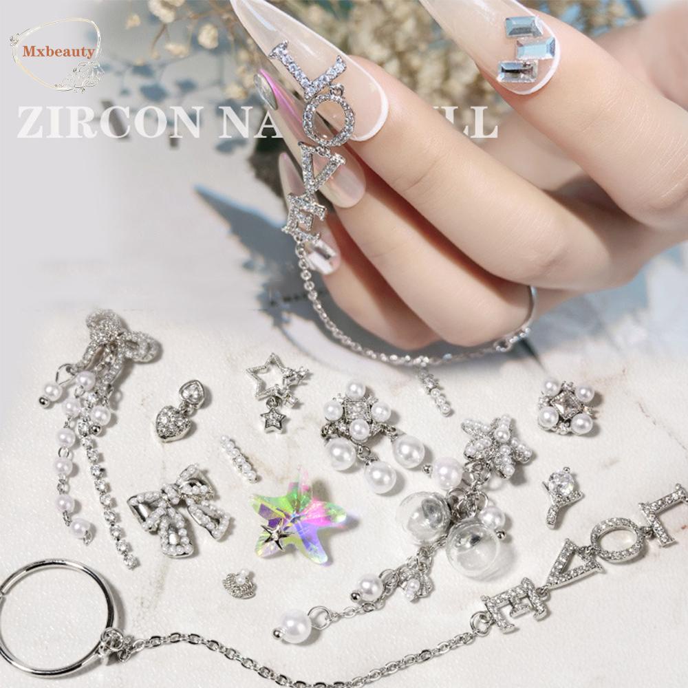 Mxbeauty Kuku Berlian Imitasi 3D Logam Mengkilap Mutiara Cinta Liontin Rantai Kristal Busur Nail Art Dekorasi
