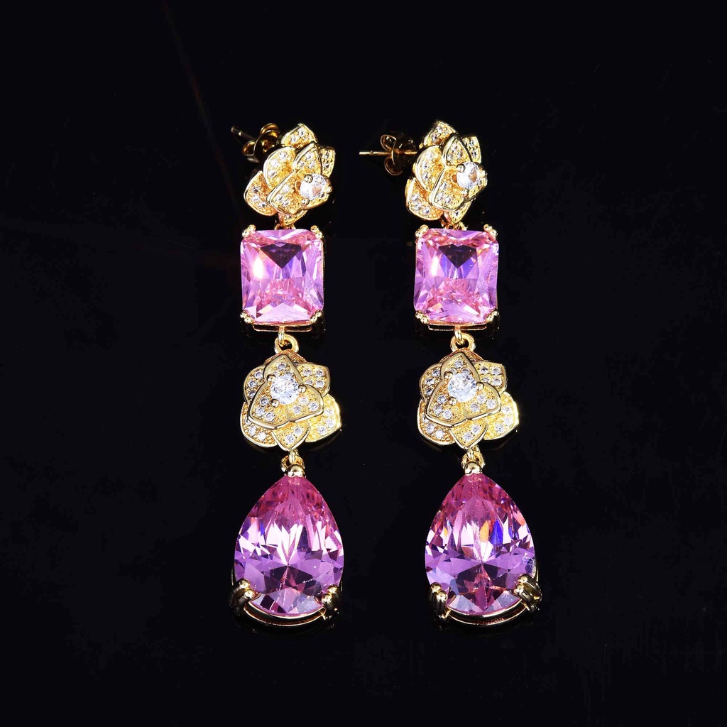 Goldkingdom Aksesoris Perhiasan Fashion Ready Stock Camellia Stud Earrings Set Dengan Argyle Pink Diamond Roses Anting Stud Panjang
