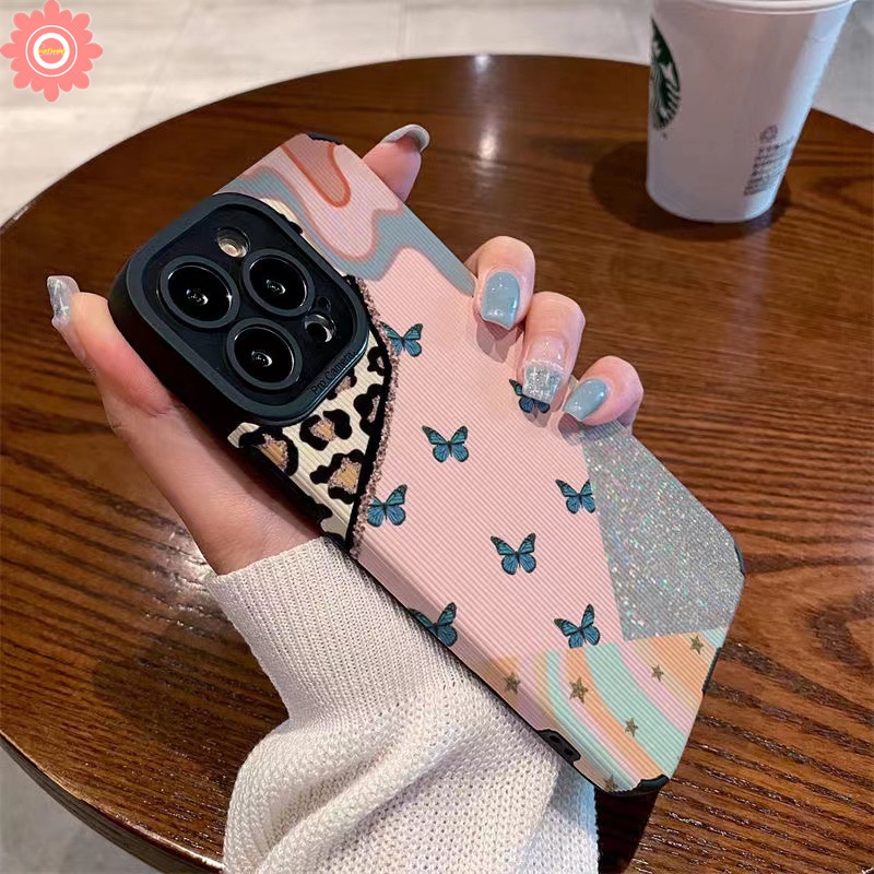 IPHONE Casing Ponsel Tekstur Kulit Mewah Kompatibel Untuk Iphone11 12 13 14 Pro MAX Xr7 8 Plus X XS MAX 7Plus Retro Fantasy Butterfly Shockproof Tpu Soft Cover