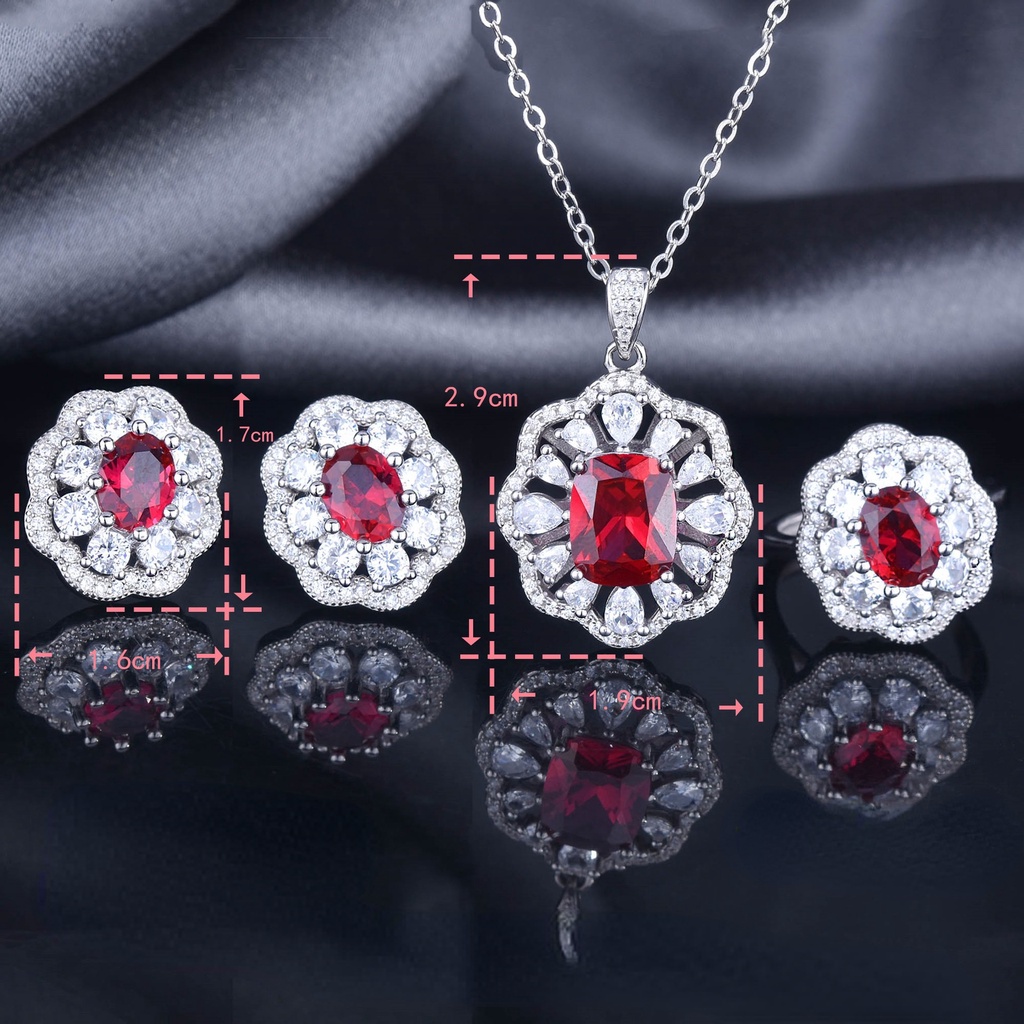Goldkingdom Aksesoris Perhiasan Fashion Ready Stock Ruby Set Dengan Berlian Terbuka Cincin Kalung Liontin Perak Ear Studs
