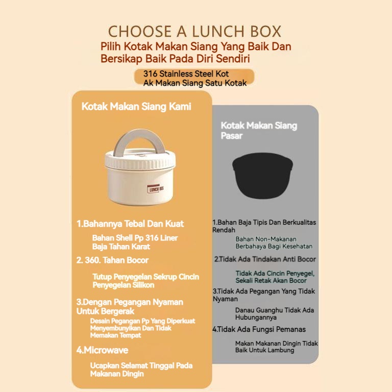 【Ready Stock】Kotak Makan Siang Bento 316 Stainless Steel Lunch Box Cream Rice Container Sealed Food Box Small School Picnic Box