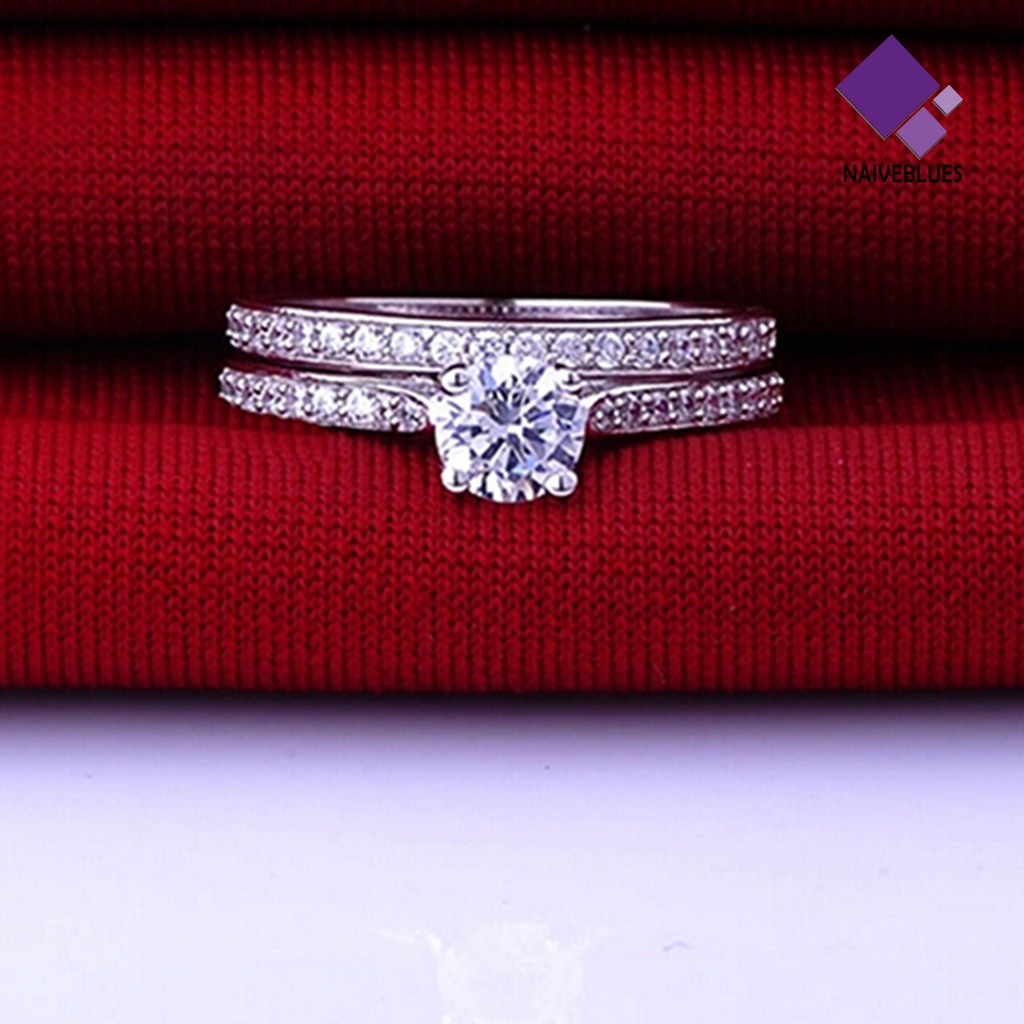 &lt; Naiveblues &gt; 2Pcs/Set Cincin Shiny Cubic Zirconia Plated Silver Cincin Pasangan Romantis Untuk