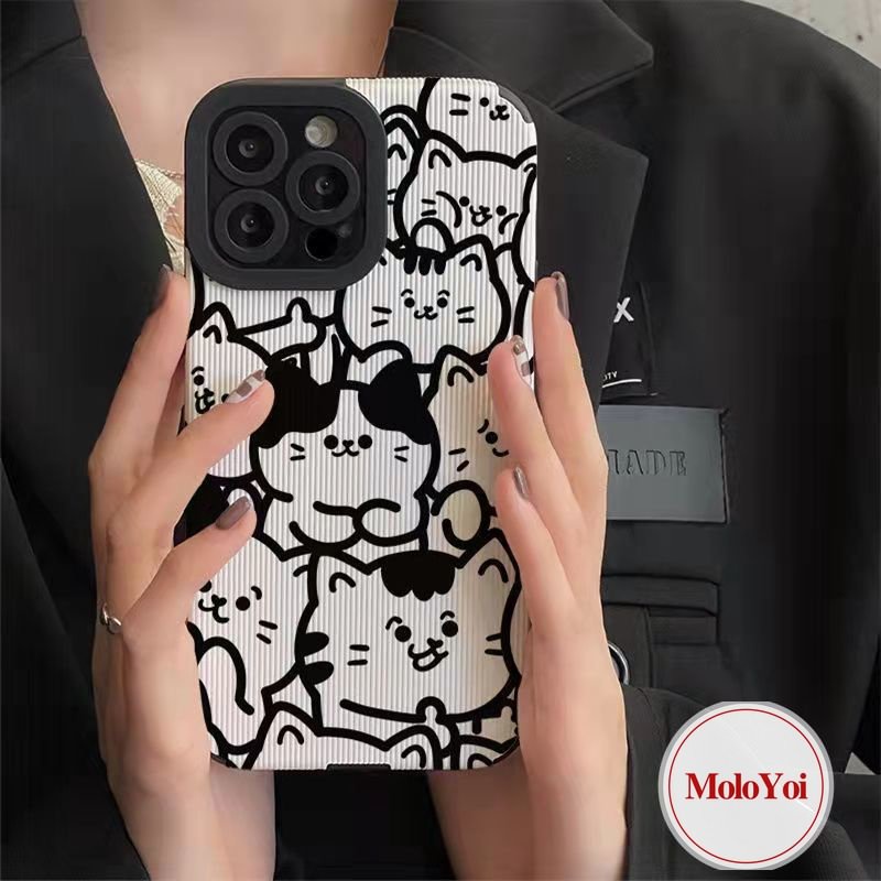 IPHONE Casing Ponsel Hitam Putih Tekstur Kulit Mewah Kompatibel Untuk Iphone11 Pro Max XR XS X Max 7Plus 11 14 13 12 Pro Max8 7 Plus Shockproof Kartun Kucing Lucu Soft Cover