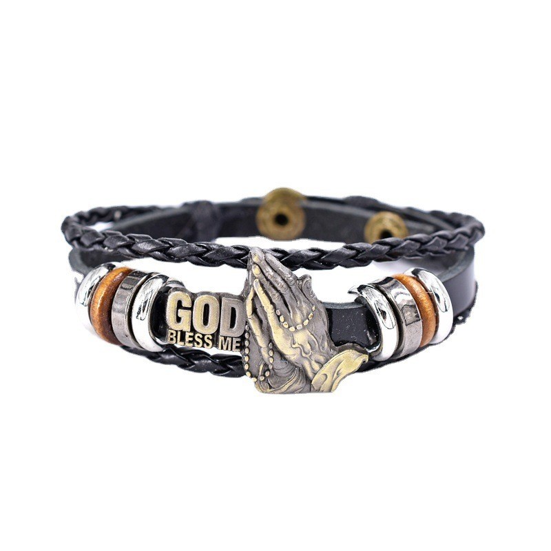 [X C Gelang] Baru Doa Allah Tangan Gelang Kulit Hitam Vintage Hip Hop Punk Gelang Kulit Lengan Manik-Manik Multilayer Zinc Alloy Anyaman Gelang