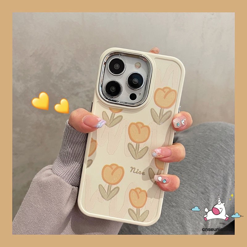 Casing Ponsel Kompatibel Untuk IPhone 7plus 8plus XR 11 14 12 13 Pro MAX X 7 8 Plus XS MAX Fresh Bunga Tulip Mewah Plating Electroplate Bingkai Lensa Logam Shockproof Soft Cover