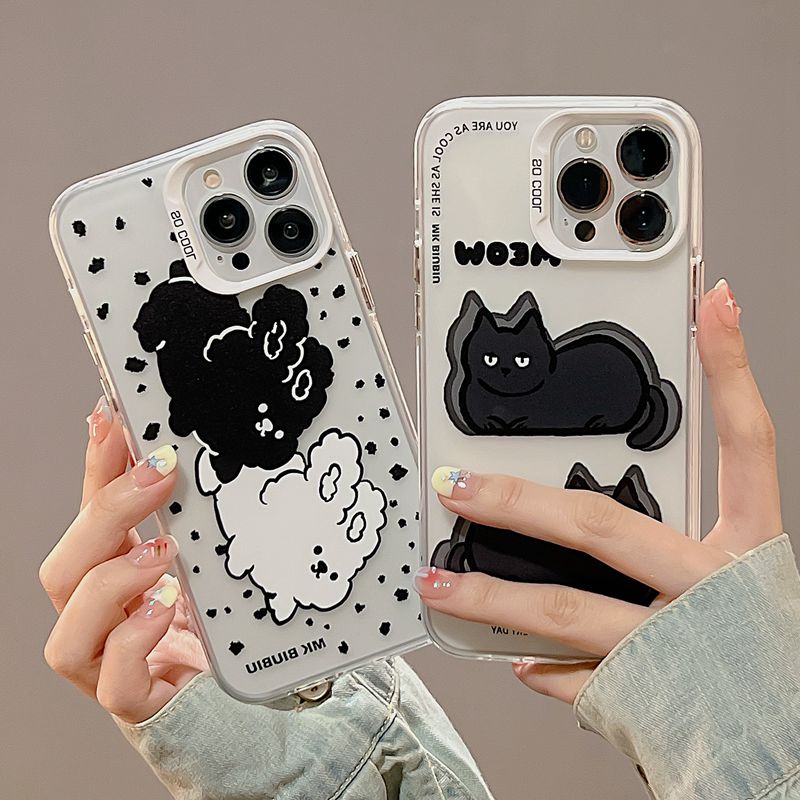 Black White Bunny Cat Skin Feel Soft Case HP iP iPhone 12 13 14 Pro Max 11 So Cool FTD Casing Apple