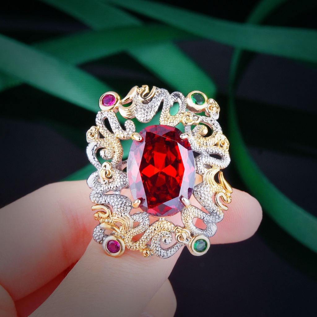 Goldkingdom Aksesoris Perhiasan Fashion Ready Stock Vintage Ukiran Kerajinan Awan Terbit Naga Xiang Cincin, Emas Merpati Darah Ruby Cincin