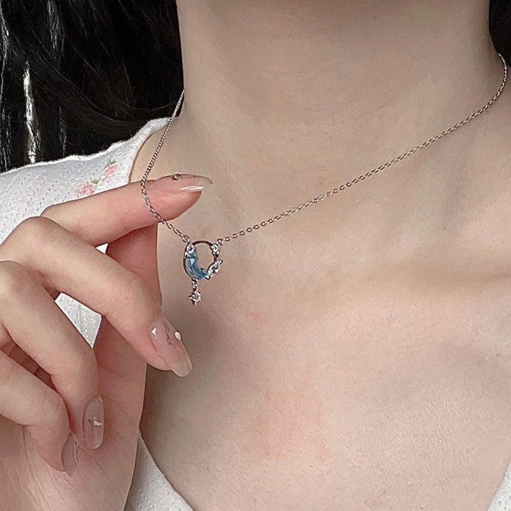 Ahellogirl S925 Perak Disepuh Kalung Biru Bulan Bintang Zirkon Liontin Kalung Wanita