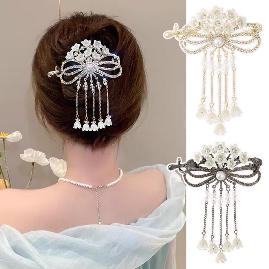 Korea Berlian Imitasi Mutiara Bunga Rambut Klip Manik-Manik Kristal Rantai Rumbai Jepit Rambut Clamp Woman Hair Accessories