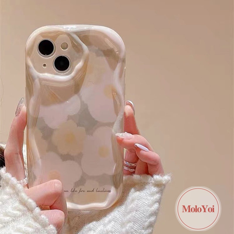 IPHONE 3d Wavy Curved Edge Shockproof Soft Glossy Back Case Kompatibel Untuk Iphone8-6 6s 7Plus XR XS X Max 7Plus 11 12 14 13 Pro Max SE 2020 Ins Spring Fresh Flower Cover