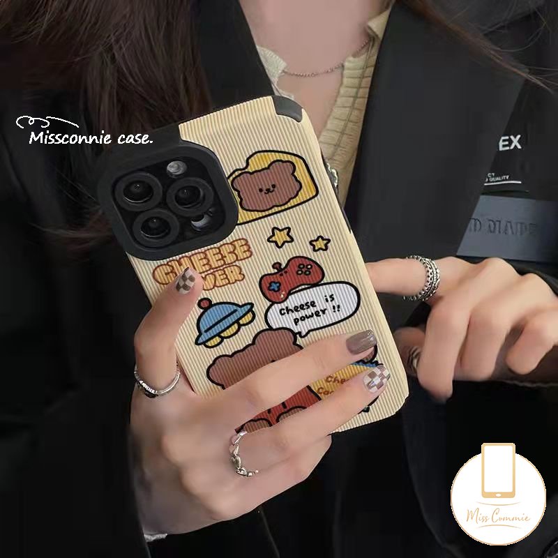 Casing Ponsel Beruang Kartun Lucu Kompatibel Untuk iPhone 7Plus 11 13 14 12 Pro MAX X XR 7 8 Plus XS MAX Fashion Rajut Pola Garis Tekstur Kulit Mewah Silikon Soft Cover