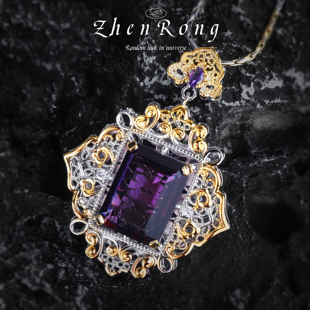 Goldkingdom Aksesoris Perhiasan Fashion Ready Stock Anyaman Ukir Emas Amethyst Istana Angin Renda Berongga Berlian Ungu Liontin Kalung