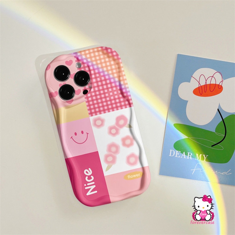 Casing Tepi Melengkung Bergelombang 3D Untuk Redmi A1 9A 9 9T 9C NFC 10C 10 A2 10A Redmi Note8 11 10s 9 10 Pro Max Plus 11s POCO M3 Motif Kotak-Kotak Huruf Simple Smile Bunga Pink Soft Cover