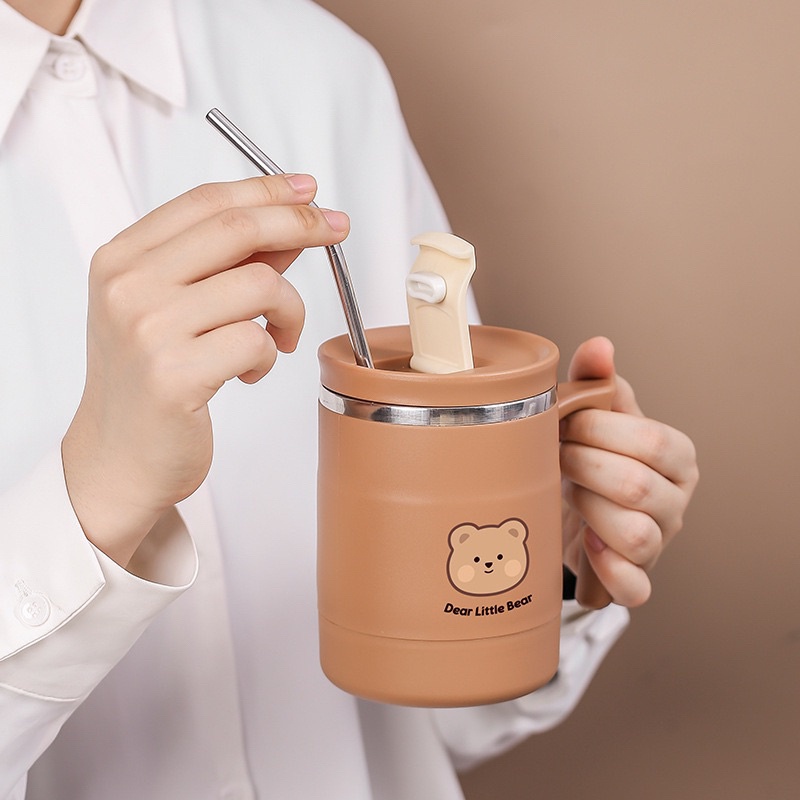 Glass Tumblr Aesthetic Moitf Bear Lucu / Gelas Minum STAINLESS Simple Elegan Water Bottle Cup for Coffee / Gelas STAINLESS 304 Dengan Penutup Premium