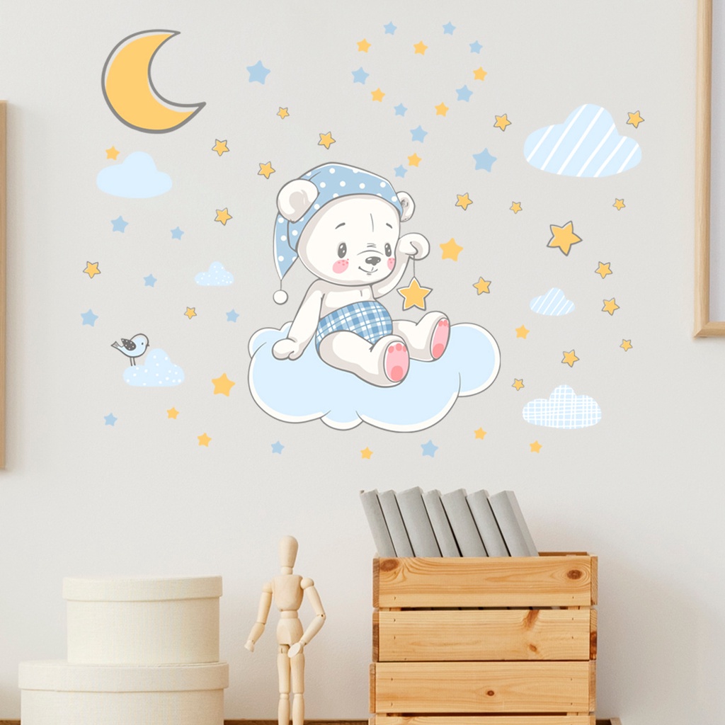 Lucu Kelinci Merah Muda Cinta Balon Poster Stiker Dinding/Kartun Bercahaya Bulan Bintang Awan Poster Mural/Non-Tinching Self-adhesive PVC Bunny Decals Wall/Anak-Anak Dekorasi Kamar Mural